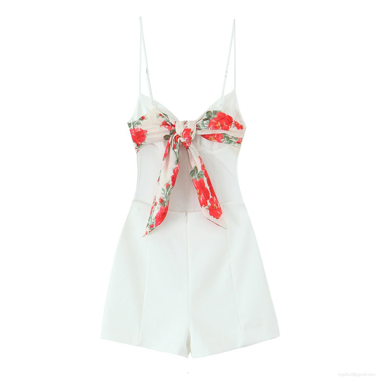 Women Sexy V Neck Spaghetti Strap Romper Cotton Polyester Blend Floral Bow Sleeveless Short Jumpsuit For Summer Beach Party Vacation Elegant White Play suit
