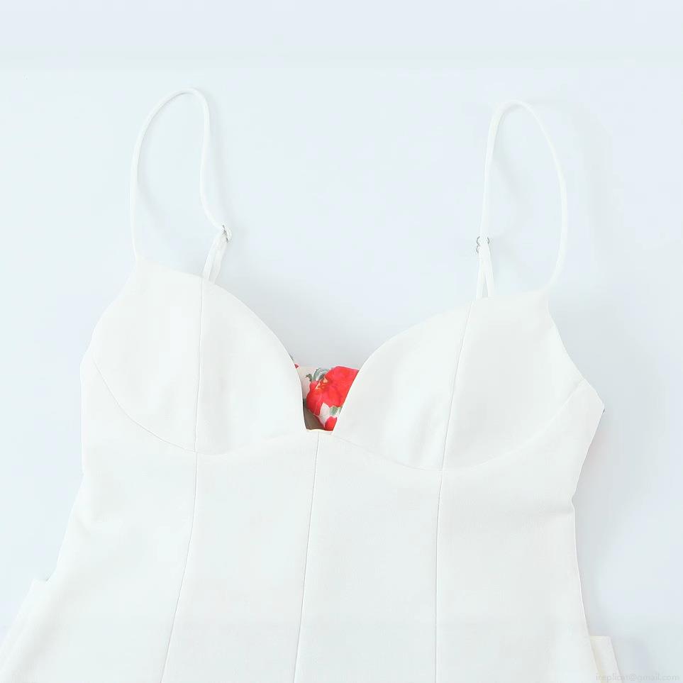 Women Sexy V Neck Spaghetti Strap Romper Cotton Polyester Blend Floral Bow Sleeveless Short Jumpsuit For Summer Beach Party Vacation Elegant White Play suit
