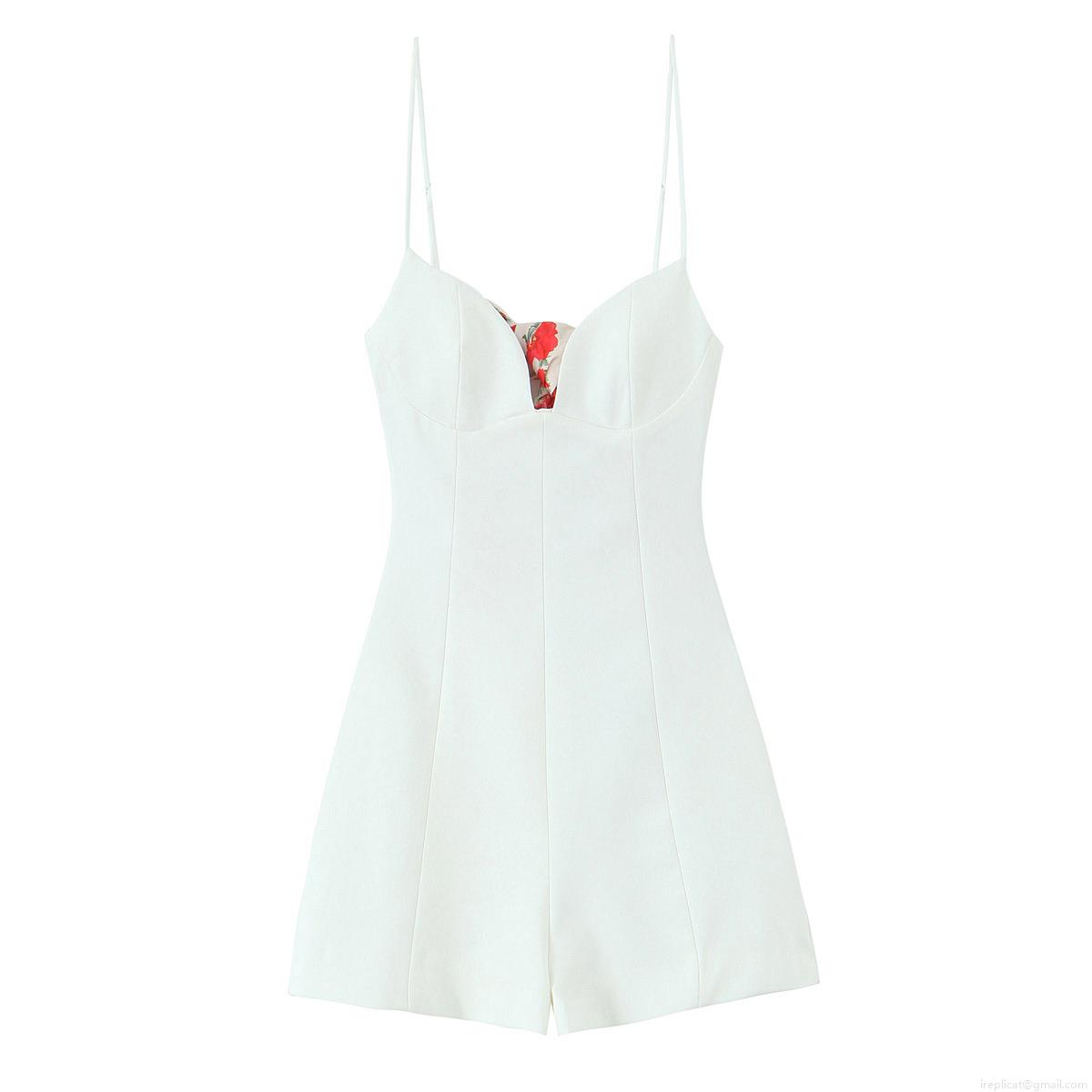 Women Sexy V Neck Spaghetti Strap Romper Cotton Polyester Blend Floral Bow Sleeveless Short Jumpsuit For Summer Beach Party Vacation Elegant White Play suit