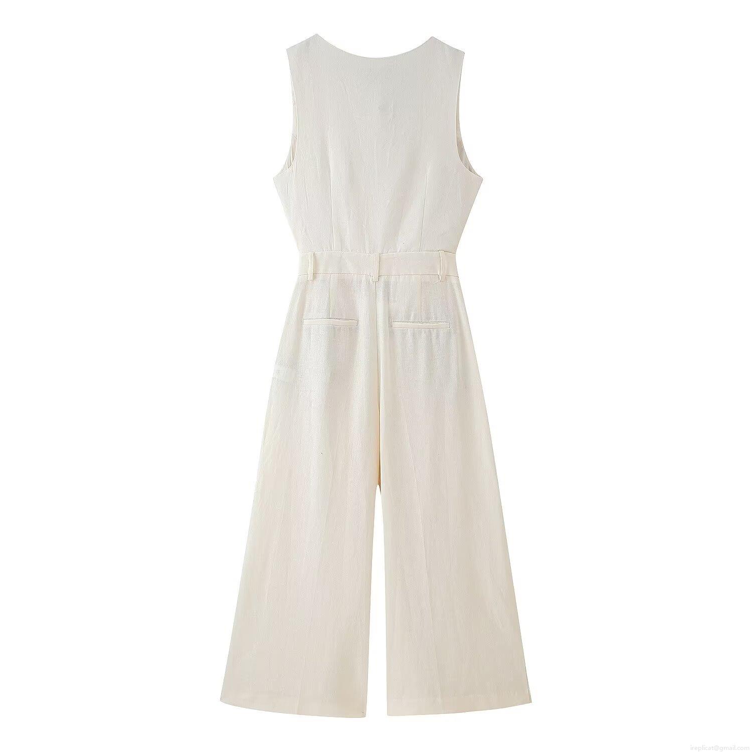 Women's Sleeveless V-Neck Wide Leg Jumpsuit Cotton Polyester Linen Blend Asymmetrical Button Front High Waist One-Piece Romper For Office Summer Wear