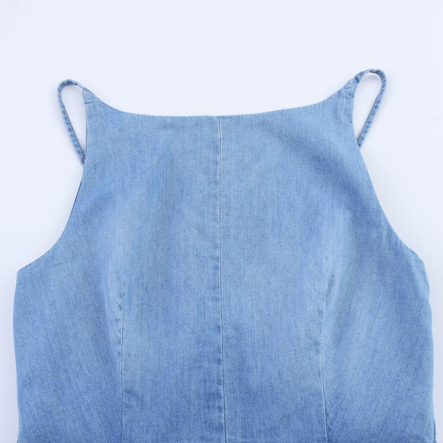 Women's Sleeveless Backless Denim Romper Sexy Tie-Back Hollow Out Jumpsuit Summer Casual Square Neck Denim Blue Playsuit For Vacation Party
