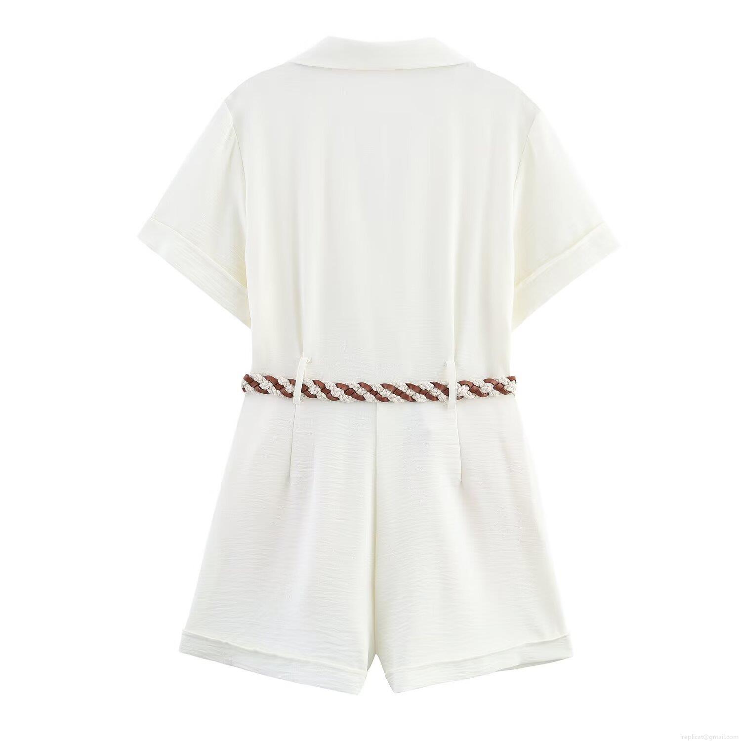 Women's Short Sleeve Blazer Collar Jumpsuit With Woven Belt Double Breasted Short Romper Casual Solid White Elegant Jumpsuit For Women