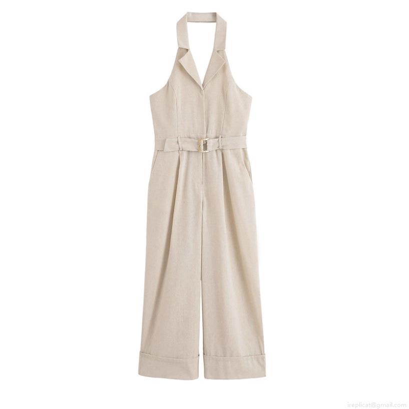Women's Elegant Halter Neck Jumpsuit with Metal Buckle Belt Lapel Collar Sleeveless High Waist Wide Leg Long Pants Modern Office Business Chic One-Piece Outfit