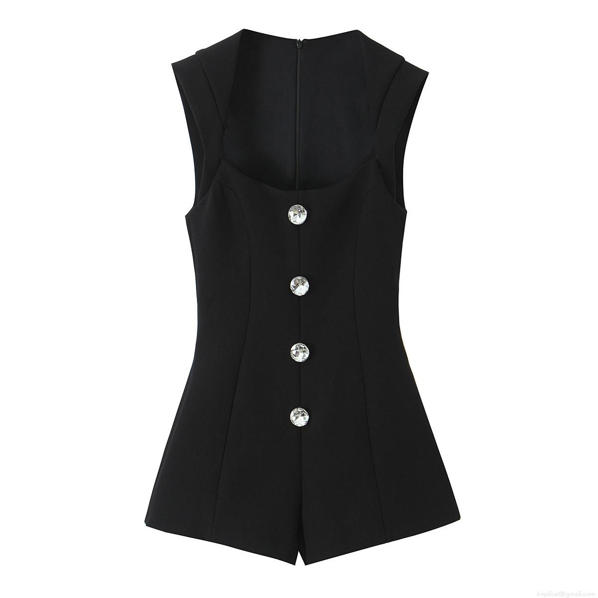 Women's Sleeveless Rhinestone Button Denim Romper Elegant High Waist Jumpsuit With Back Zipper Solid Black Slim Fit Short Jumpsuit For Summer Party Dating