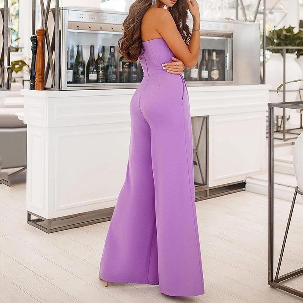 Women Sexy Strapless Deep V Neck Wide Leg Jumpsuit Elegant High Slit High Waist Cotton Blend Romper With Pockets For Party Evening Summer Vacation