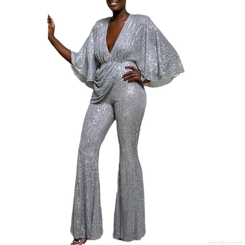 Women Sexy Deep V Neck Sequin Jumpsuit Wide Leg Long Pants Backless Butterfly Sleeve Elegant Evening Party Jumpsuits Romper