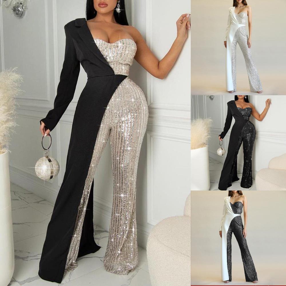 Elegant One Shoulder Sequin Jumpsuit Women Sexy Asymmetrical Suit Collar Splicing Wide Leg Romper Evening Party Formal Clubwear Jumpsuit