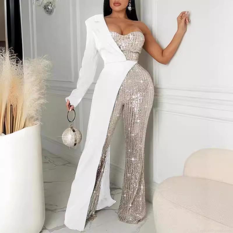 Elegant One Shoulder Sequin Jumpsuit Women Sexy Asymmetrical Suit Collar Splicing Wide Leg Romper Evening Party Formal Clubwear Jumpsuit