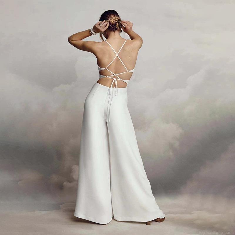 Women's Sexy White V Neck Backless Jumpsuit Spaghetti Strap Hollow Out High Waist Wide Leg Pant Romper Elegant Party Evening Wedding Outfit