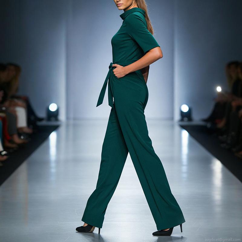 Women's Short Sleeve Lapel Jumpsuit Elegant Solid Color Waist Tie Wide Leg Jumpsuits Classic Commuter Style One Piece Romper Polyester Outfits