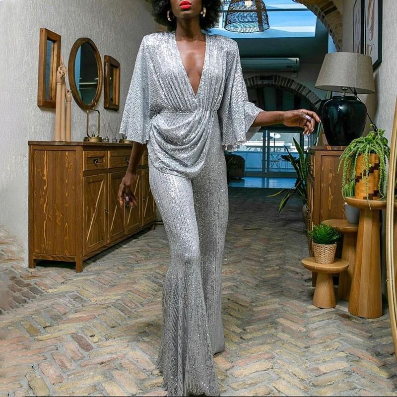 Women Sexy Deep V-Neck Sequin Jumpsuit Sparkly Flare Sleeve Backless Wide Leg Romper For Evening Party Clubwear Glamorous One Piece Outfit