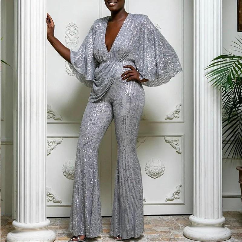 Women Sexy Deep V-Neck Sequin Jumpsuit Sparkly Flare Sleeve Backless Wide Leg Romper For Evening Party Clubwear Glamorous One Piece Outfit