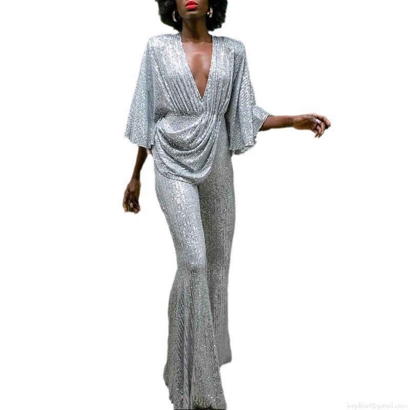 Women Sexy Deep V-Neck Sequin Jumpsuit Sparkly Flare Sleeve Backless Wide Leg Romper For Evening Party Clubwear Glamorous One Piece Outfit