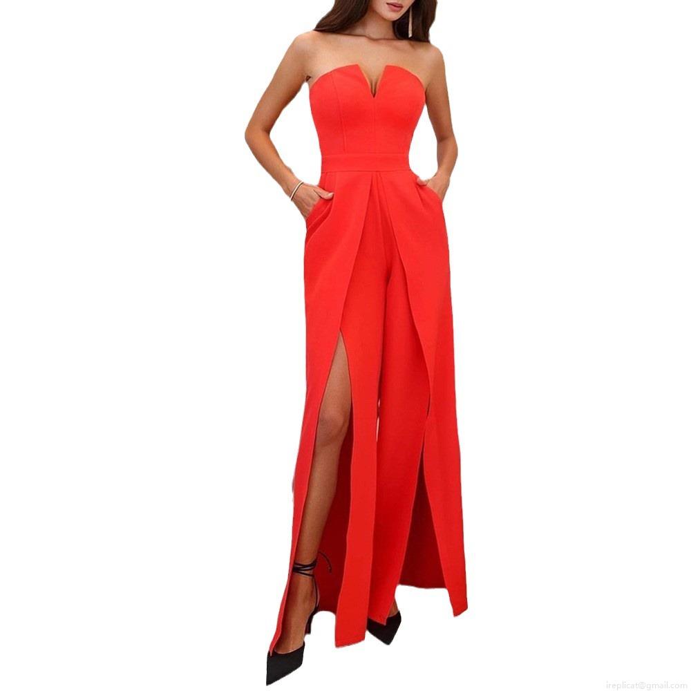 Women Sexy Strapless V Neck High Waist Jumpsuit Elegant Wide Leg Slit Long Romper With Pockets For Evening Party Wedding Guest Summer Solid Color Polyester Cotton Jumpsuit