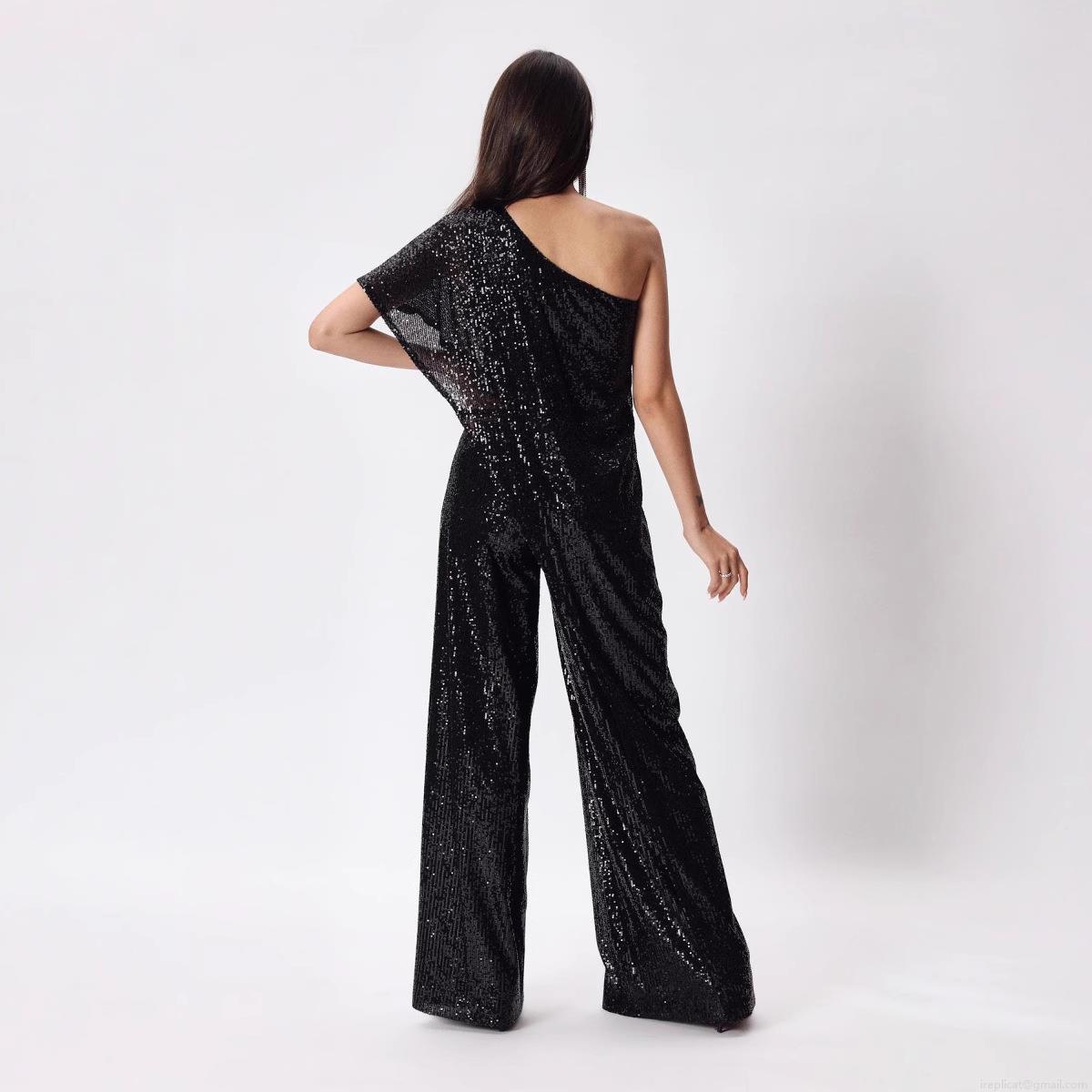 Women's Sexy One Shoulder Sequin Jumpsuit Elegant High Waist Wide Leg Romper Evening Party Clubwear Sparkly Sleeveless Jumpsuit With Ruffles
