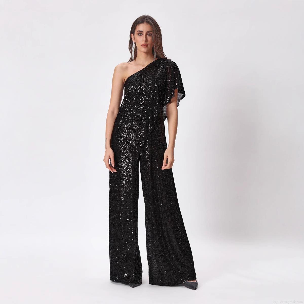 Women's Sexy One Shoulder Sequin Jumpsuit Elegant High Waist Wide Leg Romper Evening Party Clubwear Sparkly Sleeveless Jumpsuit With Ruffles