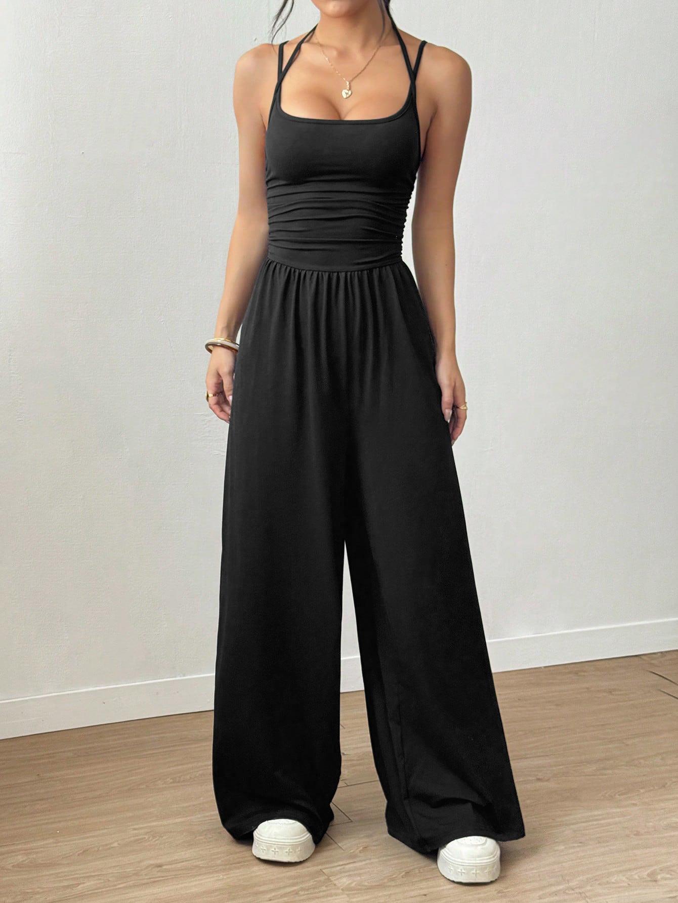 Women Sexy Backless Spaghetti Strap Jumpsuit Casual High Waist Wide Leg Long Pants Solid Color Loose Romper Streetwear One Piece Outfit