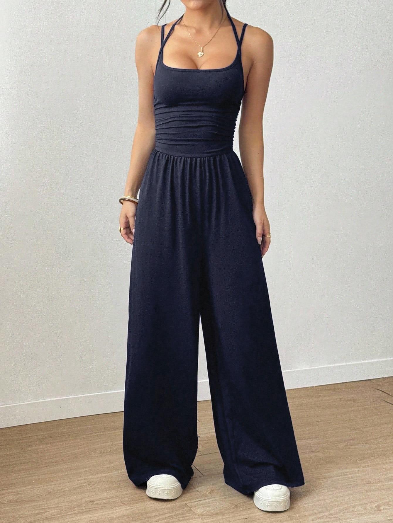 Women Sexy Backless Spaghetti Strap Jumpsuit Casual High Waist Wide Leg Long Pants Solid Color Loose Romper Streetwear One Piece Outfit