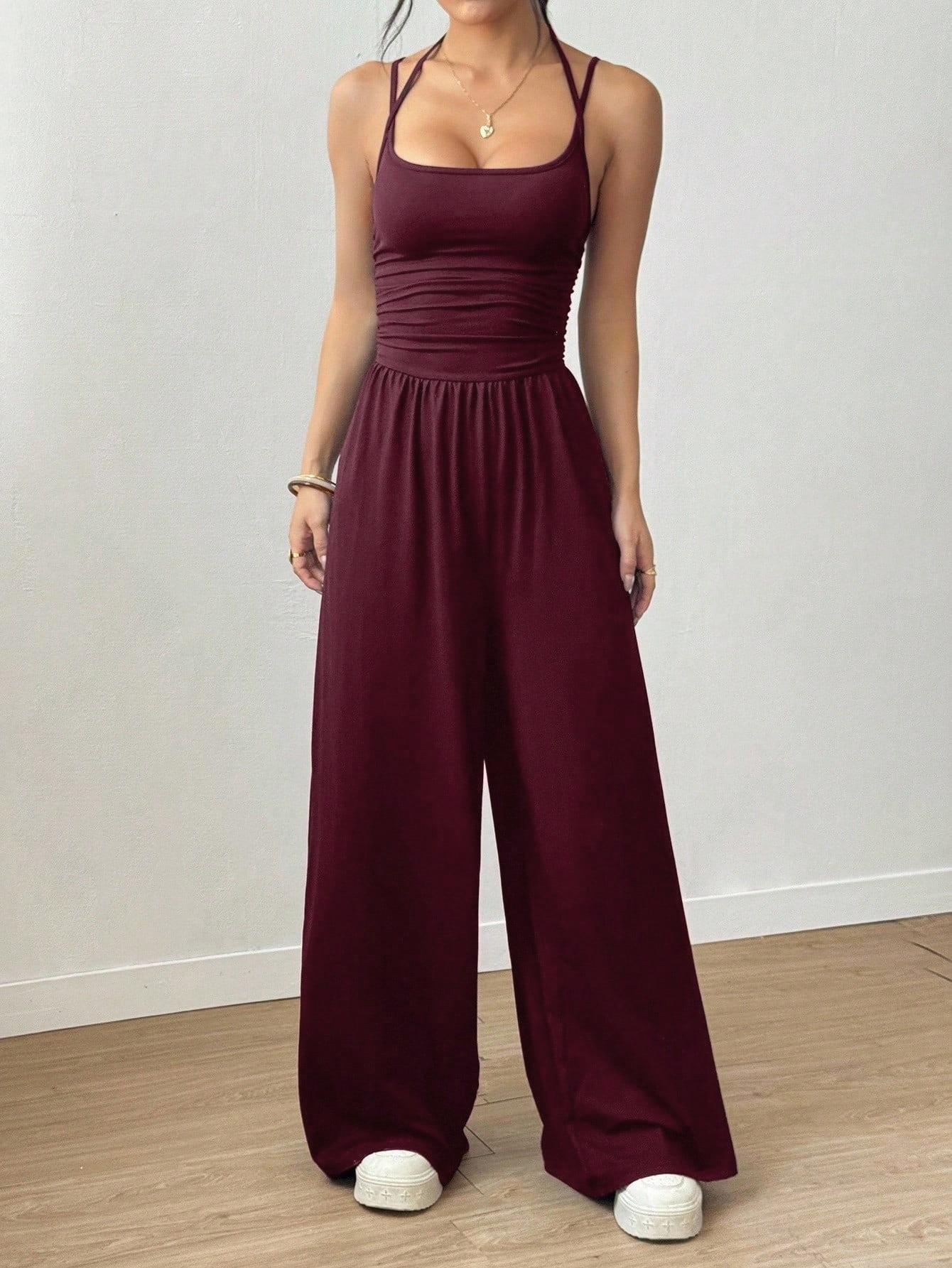 Women Sexy Backless Spaghetti Strap Jumpsuit Casual High Waist Wide Leg Long Pants Solid Color Loose Romper Streetwear One Piece Outfit
