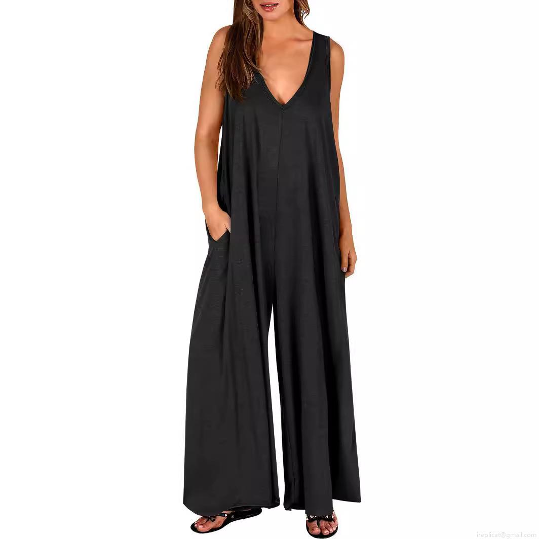 Women's Casual Summer V Neck Sleeveless Jumpsuit Polyester Spandex Wide Leg Jumpsuits With Pockets Fashion Loose Beach Vacation Romper For Ladies