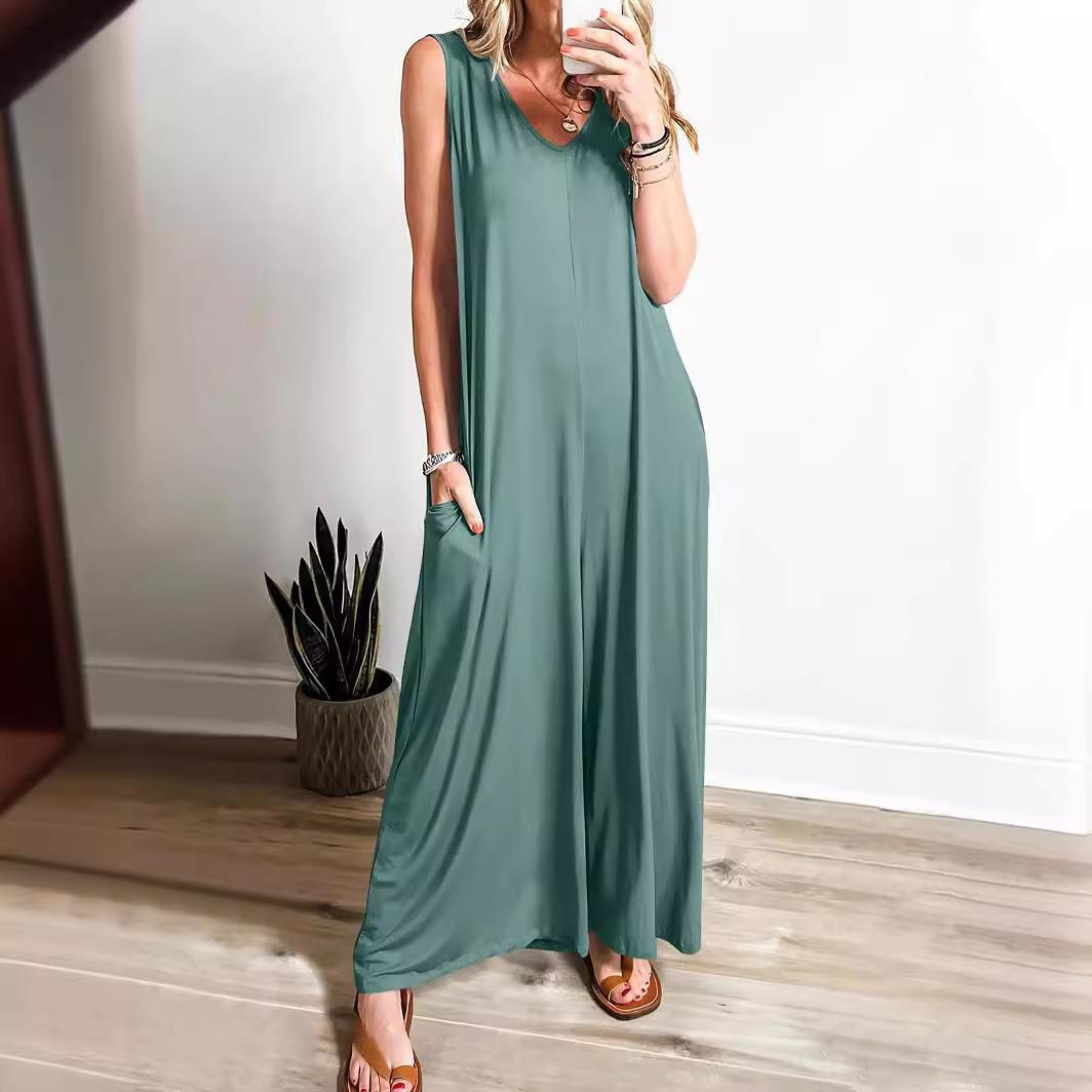 Women's Casual Summer V Neck Sleeveless Jumpsuit Polyester Spandex Wide Leg Jumpsuits With Pockets Fashion Loose Beach Vacation Romper For Ladies