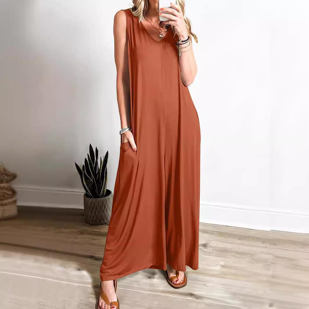 Women's Casual Summer V Neck Sleeveless Jumpsuit Polyester Spandex Wide Leg Jumpsuits With Pockets Fashion Loose Beach Vacation Romper For Ladies