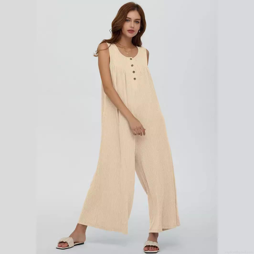 Women's Sleeveless Jumpsuit Ribbed Knit Wide Leg Romper With Pockets Button Front Crew Neck Casual One Piece Long Pant Jumpsuit For Women Summer Vacation