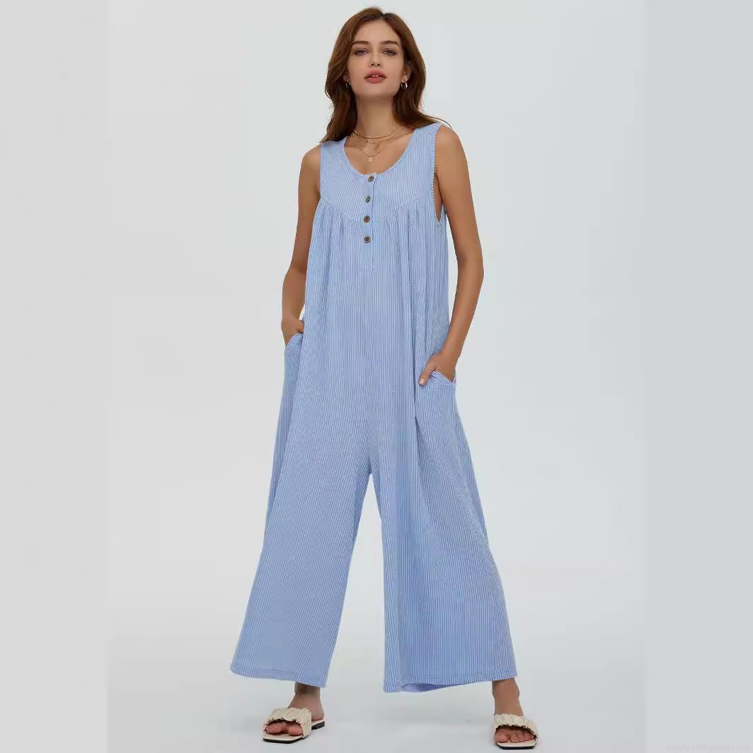 Women's Sleeveless Jumpsuit Ribbed Knit Wide Leg Romper With Pockets Button Front Crew Neck Casual One Piece Long Pant Jumpsuit For Women Summer Vacation