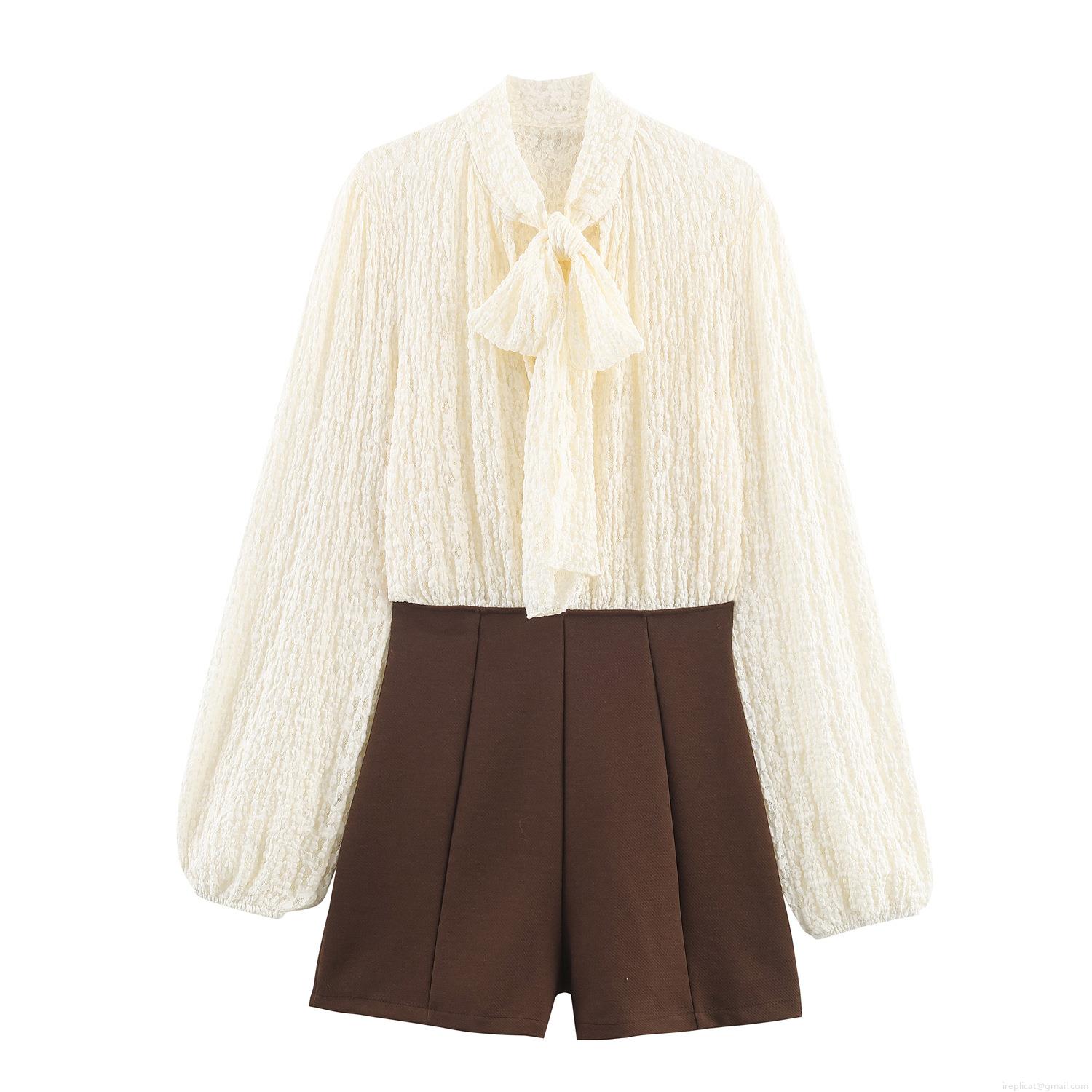 Women Elegant Patchwork Romper Lace Chiffon Long Lantern Sleeve Bow Tie Neck Jumpsuit Vintage Chic High Waist Short Jumpsuit Outfit For Party Autumn
