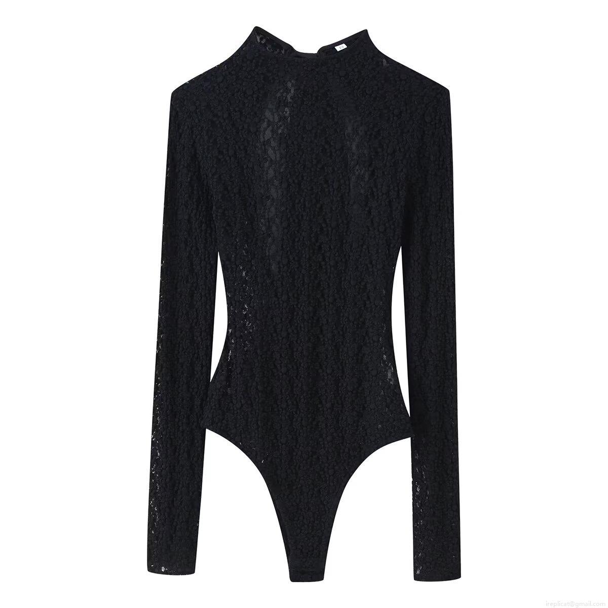Elegant Women Sexy Lace Bodysuit Top Mock Neck Long Sleeve Back Satin Bow Tie Jumpsuit Floral Textured Party Clubwear Body Suit