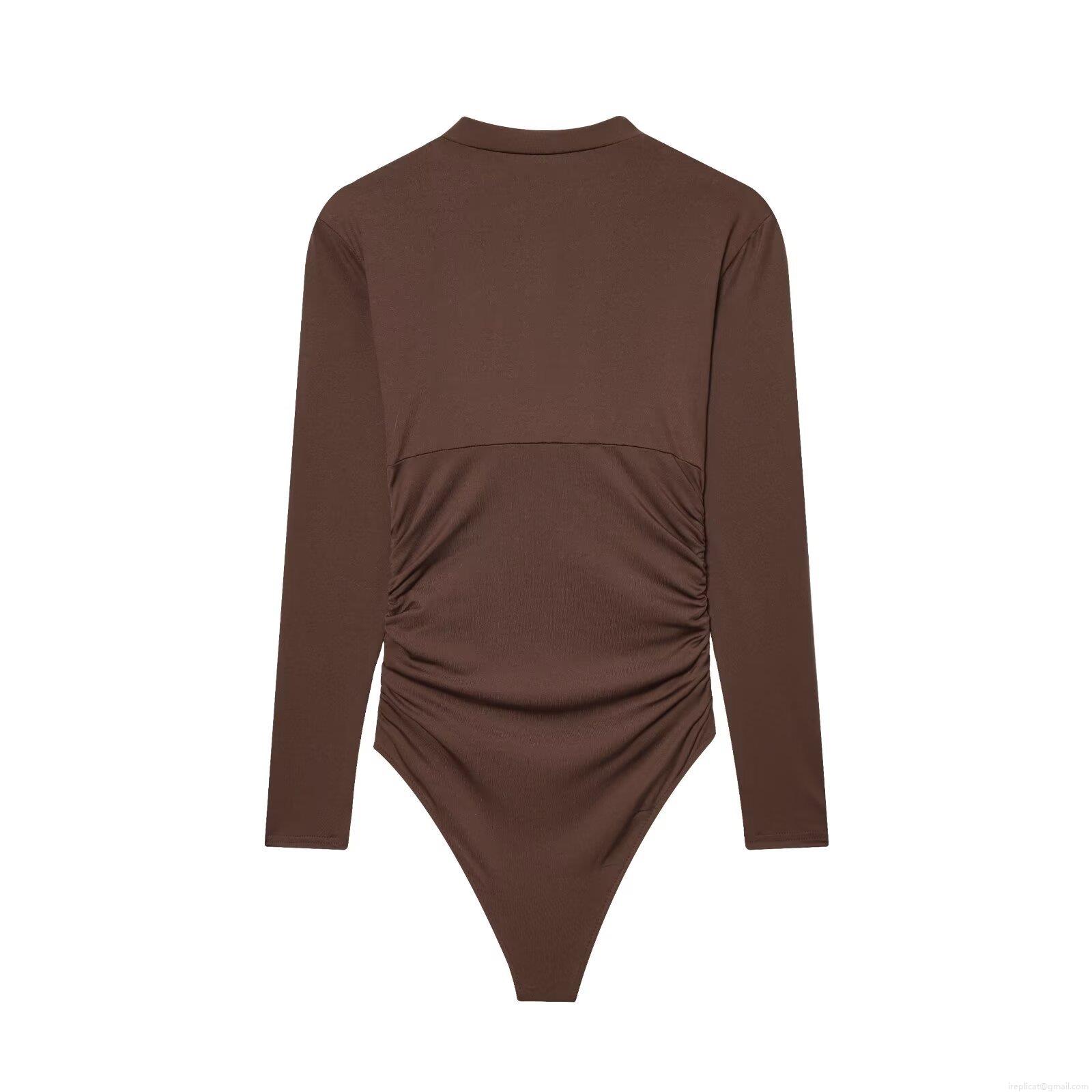 Women's Sexy Deep V-Neck Long Sleeve Ruched Bodysuit With Gold U-Shaped Metal Buckle Solid Color Slim Fit Streetwear Polyester Jumpsuit Top