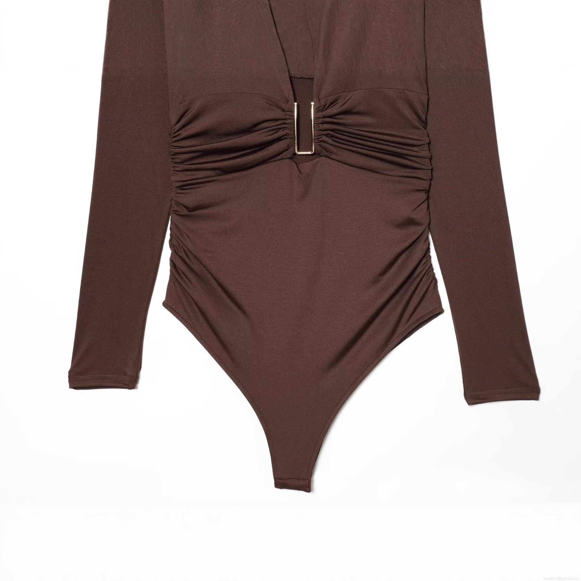 Women's Sexy Deep V-Neck Long Sleeve Ruched Bodysuit With Gold U-Shaped Metal Buckle Solid Color Slim Fit Streetwear Polyester Jumpsuit Top