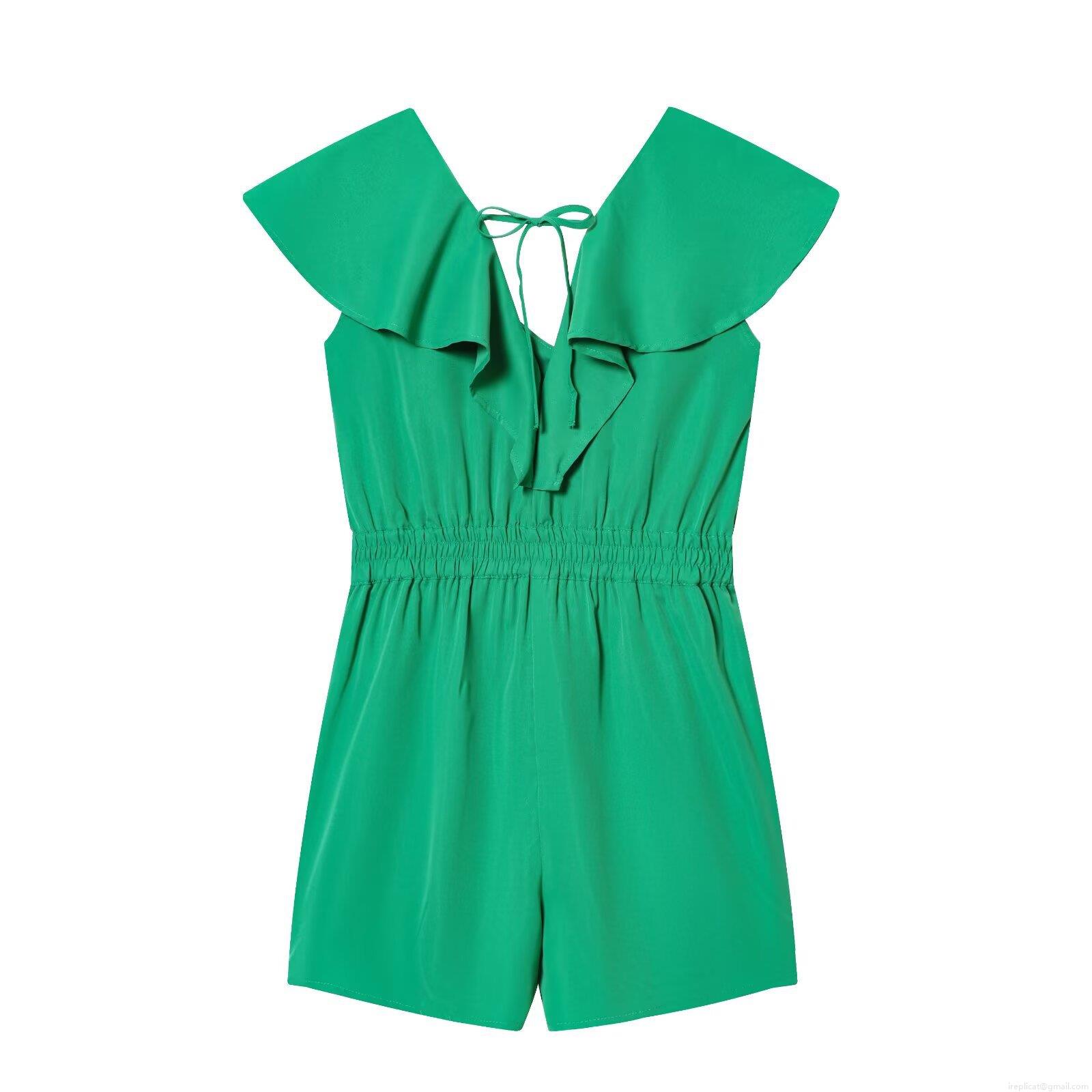 Women Summer Casual V-Neck Ruffle Romper With Back Tie Fashion Solid Color Short Sleeve Jumpsuit For Street Vacation Party Green