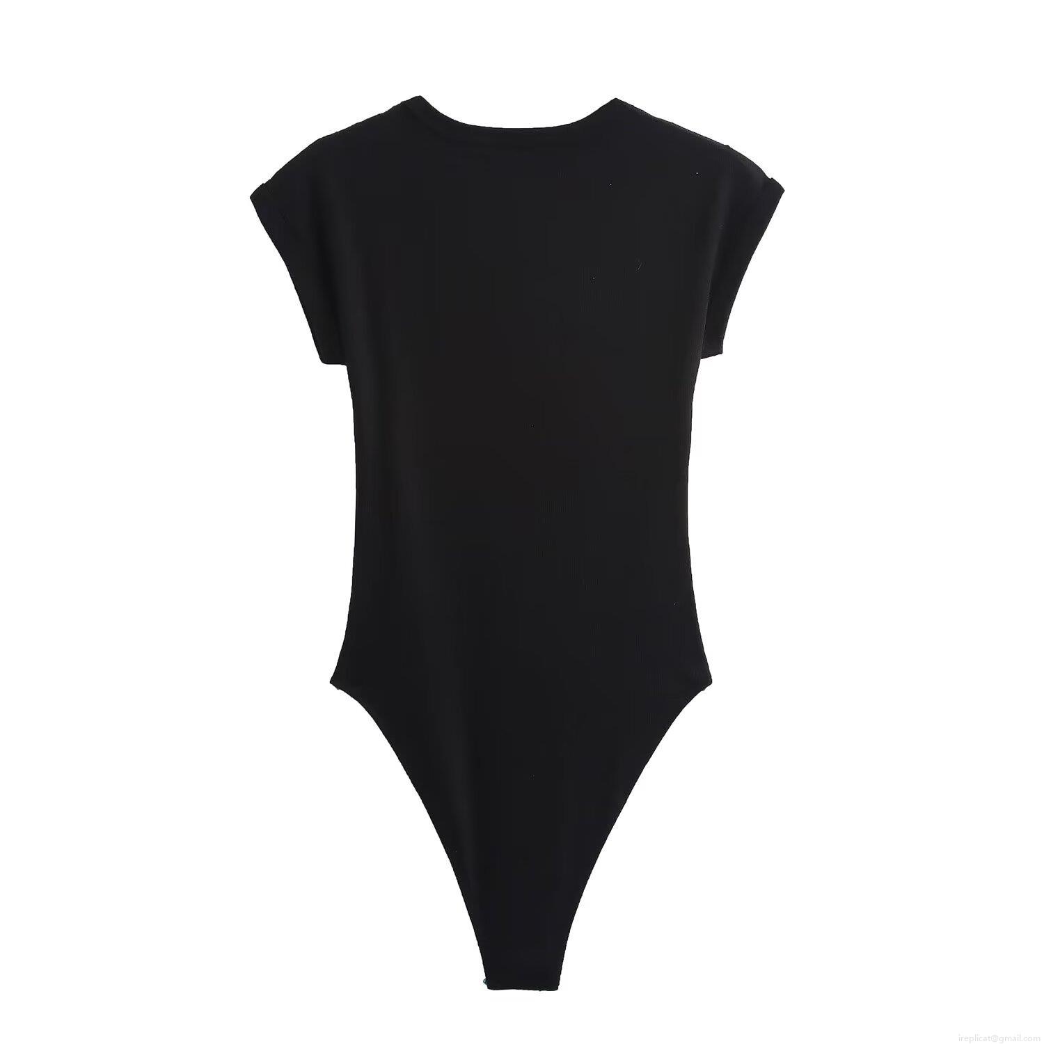 Fashion Women's Ribbed Knit Bodysuit Round Neck Raglan Short Sleeve Pullover Slim Fit One Piece Jumpsuit With Snap Bottom For Casual Streetwear