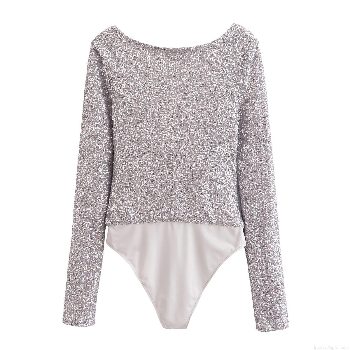 Women's Sexy Silver Sequined Bodysuit Long Sleeve Pleated Metallic Sparkly Body Suit Jumpsuit For Party Nightclub Streetwear Fashion Top
