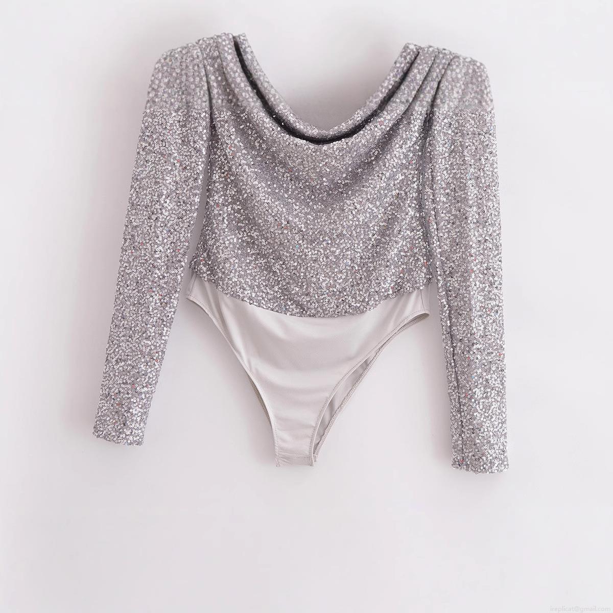Women's Sexy Silver Sequined Bodysuit Long Sleeve Pleated Metallic Sparkly Body Suit Jumpsuit For Party Nightclub Streetwear Fashion Top