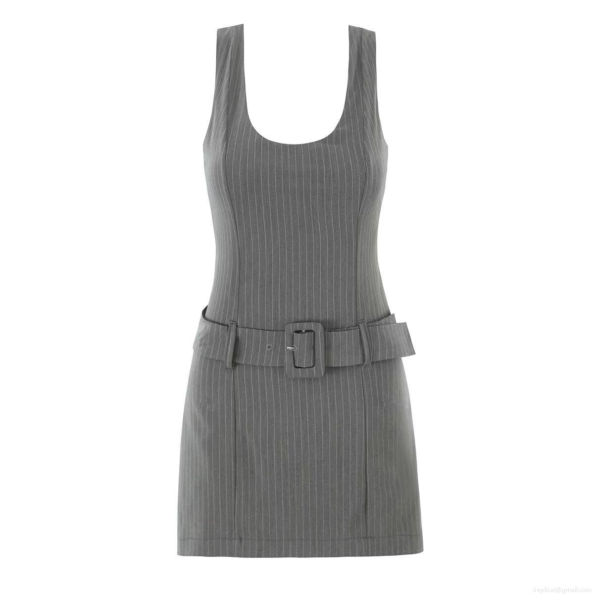Women's Striped Sleeveless Romper V-Neck Short Jumpsuit With Belt Summer Casual Streetwear One-Piece Outfit Polyester Blend Gray Pinstripe Romper For Ladies