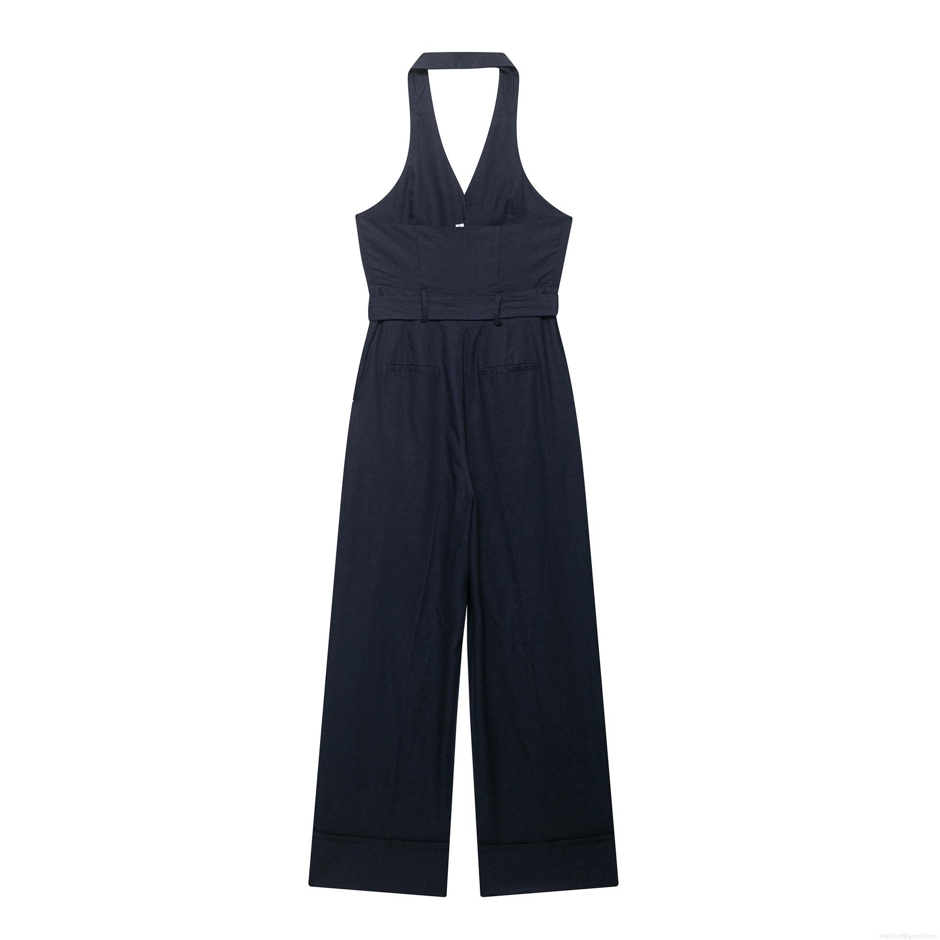 Women's Halter Neck V-Neck Backless Jumpsuit With Belt Elegant Wide Leg Office Street Chic Summer Navy Blue Polyester Jumpsuit