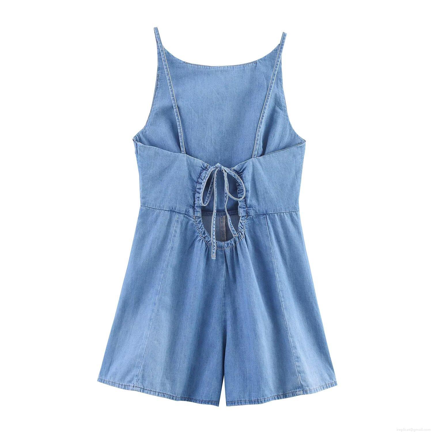 Women's Sexy Backless Denim Romper Sleeveless Tie Back Low Waist Straight Leg Mini Jumpsuit Washed Denim Streetwear Short Bodysuit For Summer