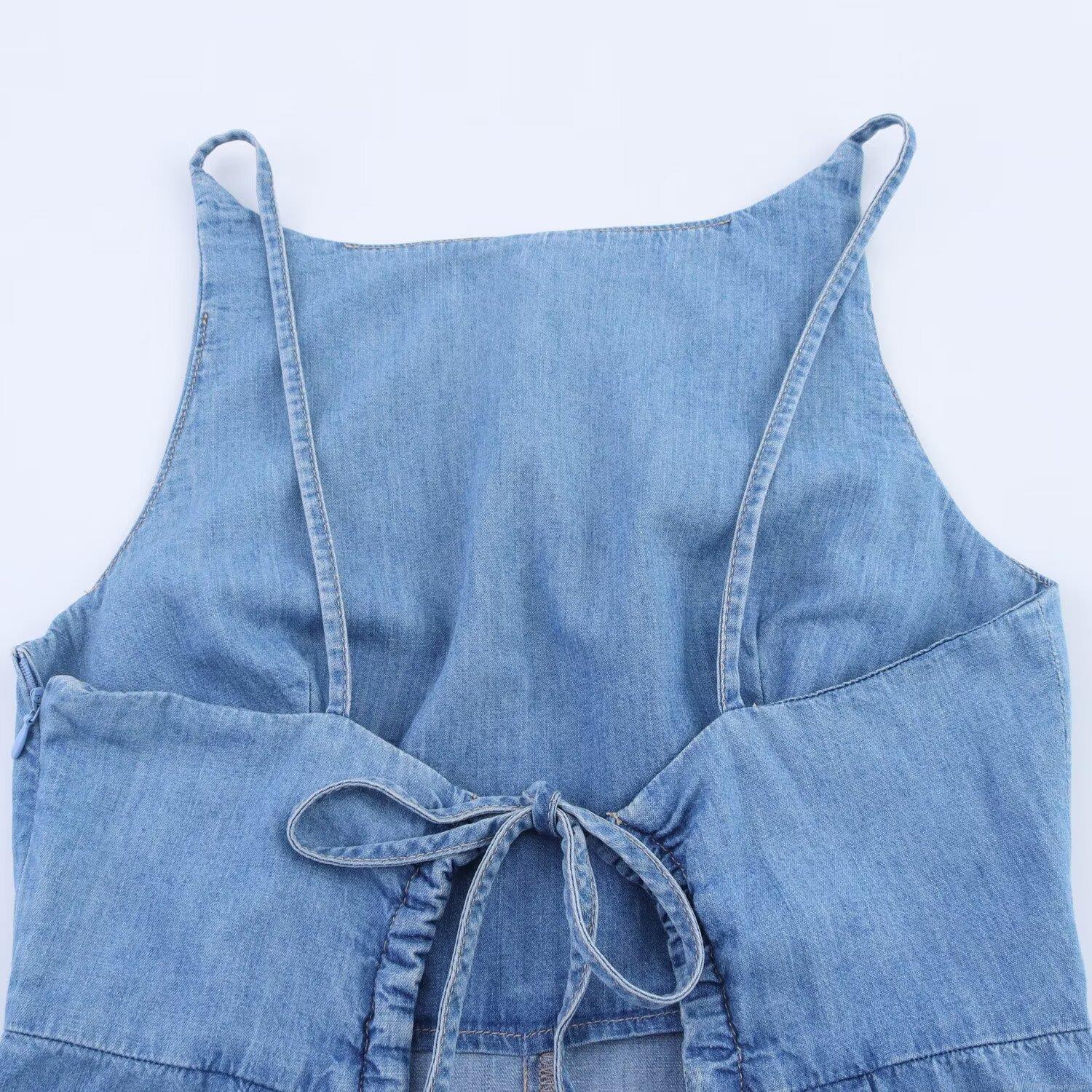 Women's Sexy Backless Denim Romper Sleeveless Tie Back Low Waist Straight Leg Mini Jumpsuit Washed Denim Streetwear Short Bodysuit For Summer