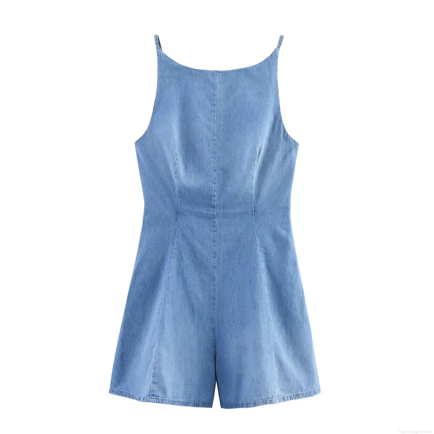 Women's Sexy Backless Denim Romper Sleeveless Tie Back Low Waist Straight Leg Mini Jumpsuit Washed Denim Streetwear Short Bodysuit For Summer
