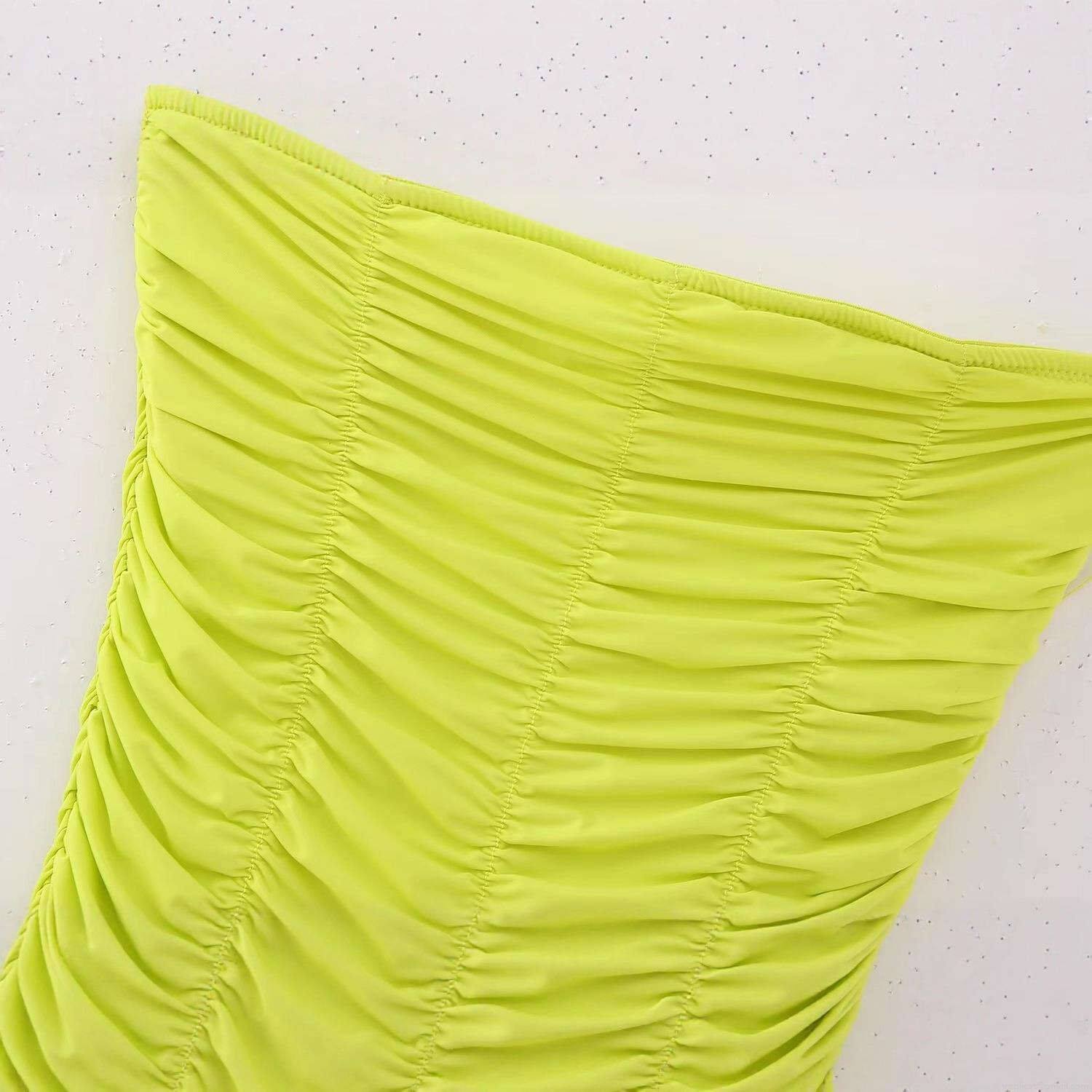 Women Sexy Neon Green Ruched Bodysuit Strapless Off Shoulder Slim Fit Polyester Jumpsuit For Club Party Streetwear