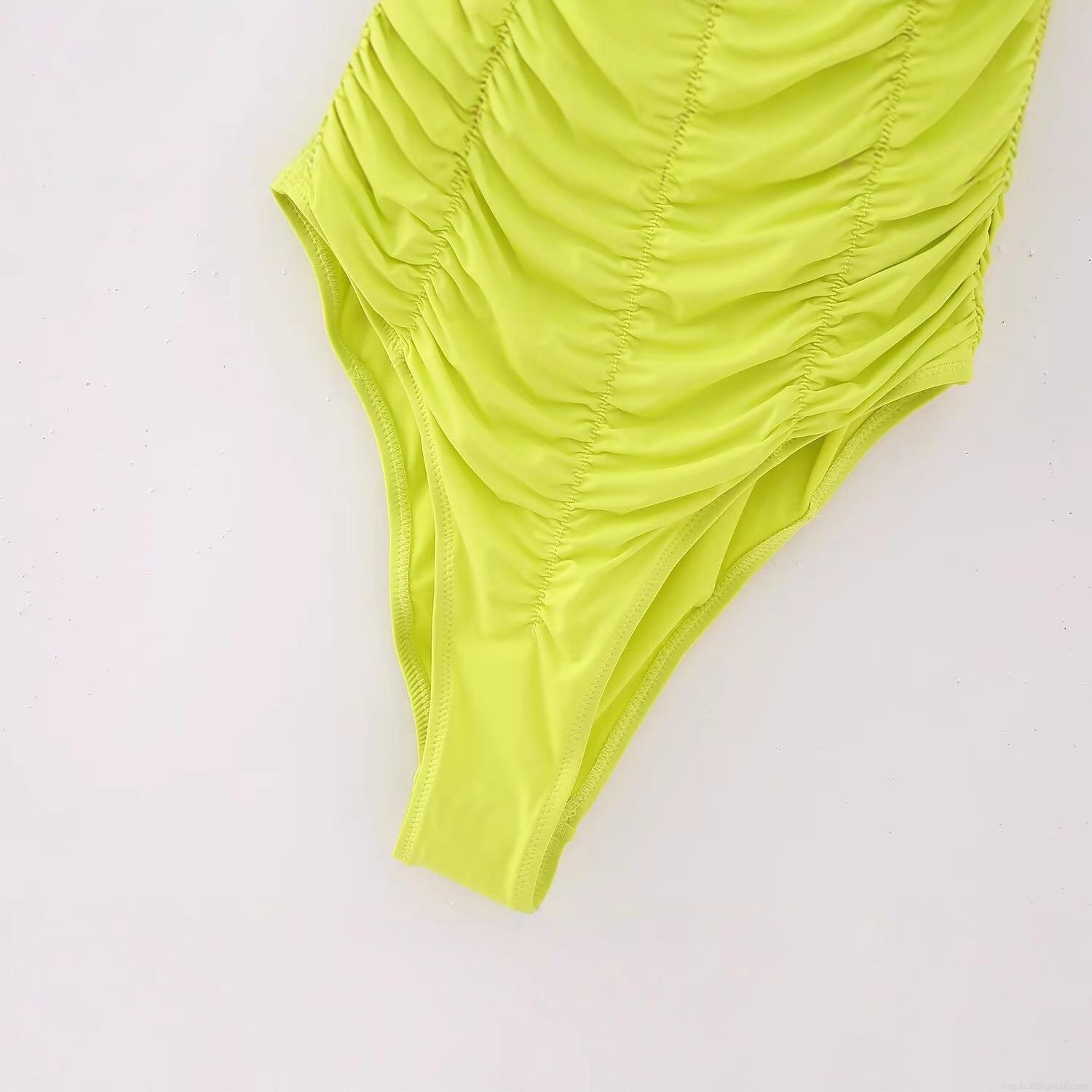 Women Sexy Neon Green Ruched Bodysuit Strapless Off Shoulder Slim Fit Polyester Jumpsuit For Club Party Streetwear