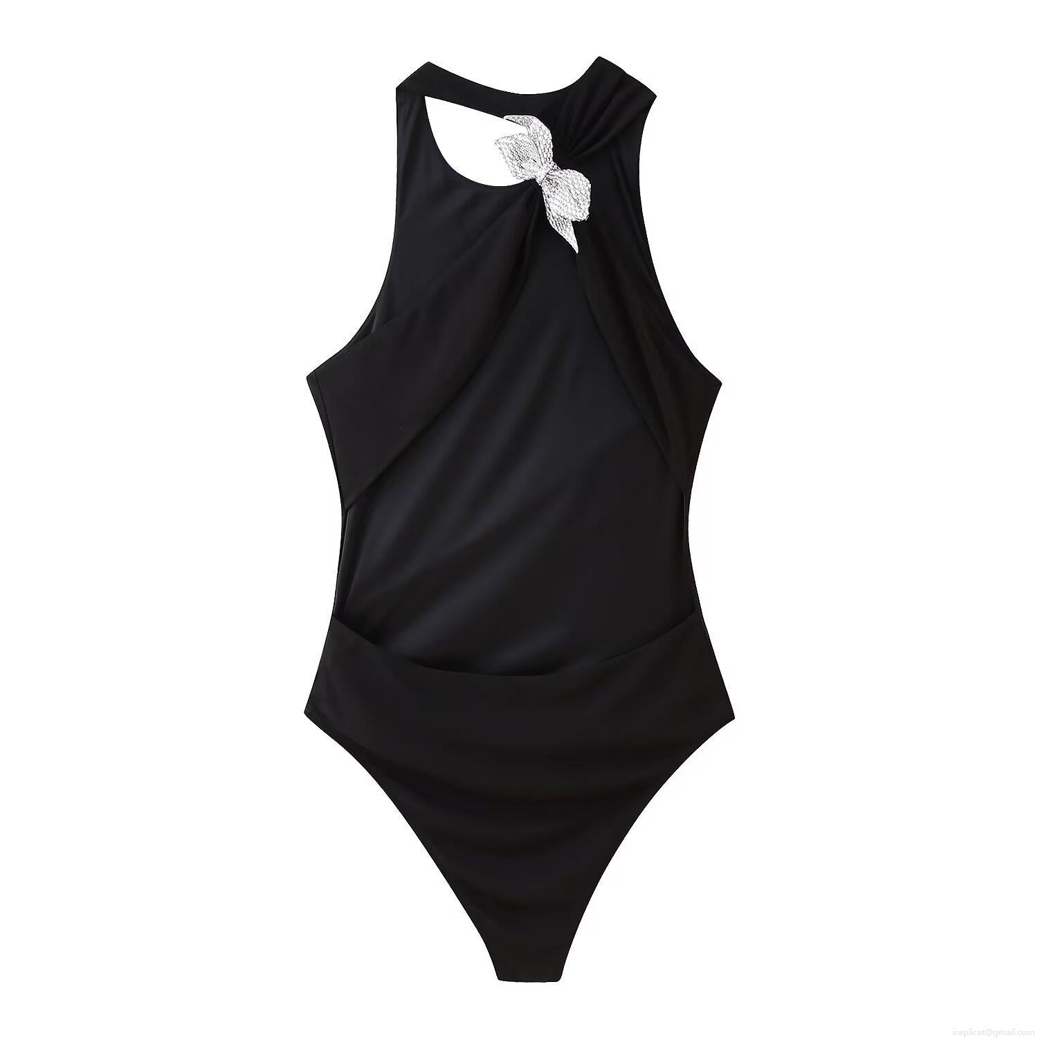 Women's Sexy Backless Bodysuit Rhinestone Bow Halter Neck Jumpsuit Polyester Slim Fit Sleeveless Party Clubwear Black