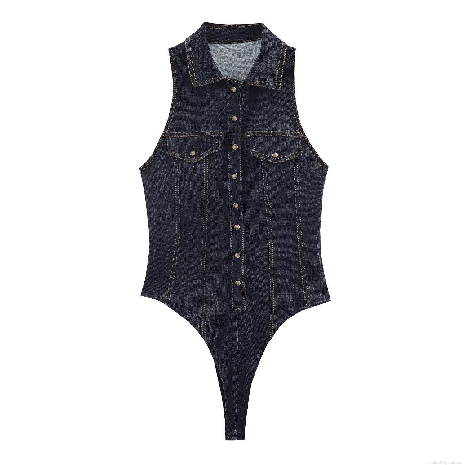 Women's Sleeveless Denim Bodysuit With Turn-down Collar Slim Fit Polyester Jumpsuit Streetwear Style Romper With Pockets For Women Daily Wear