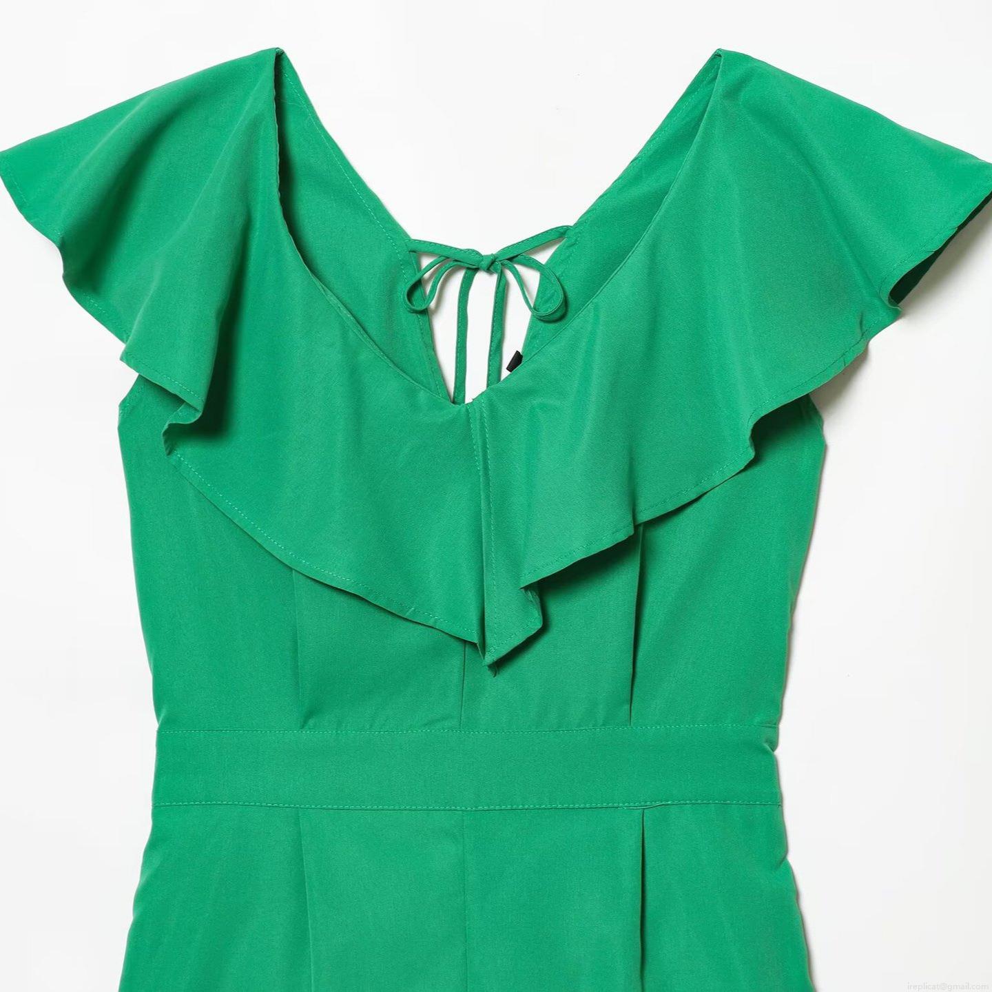 Women's Chic Green Ruffled V-Neck Romper 100% Polyester Sleeveless Jumpsuit With Back Tie And Elastic Waist Summer Fashion Short One-Piece For Women