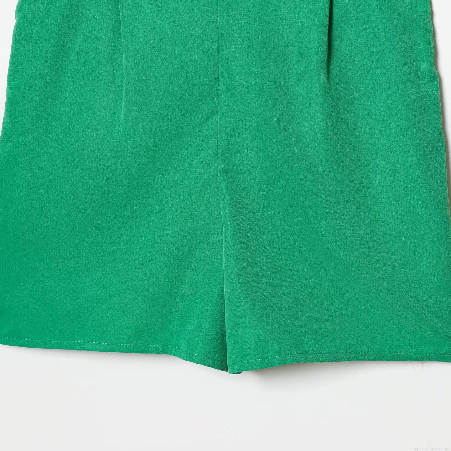 Women's Chic Green Ruffled V-Neck Romper 100% Polyester Sleeveless Jumpsuit With Back Tie And Elastic Waist Summer Fashion Short One-Piece For Women