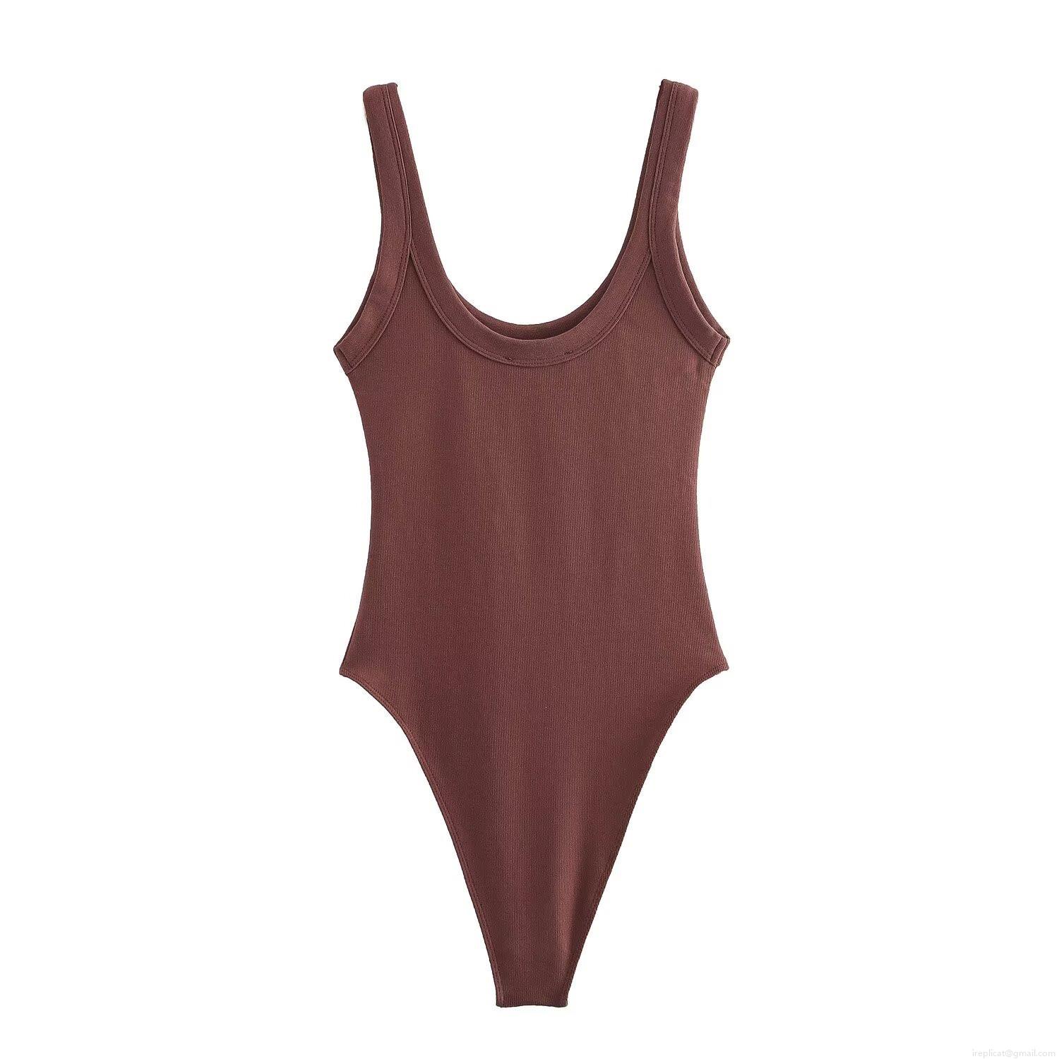 Women's Sexy Ribbed Knit Bodysuit Sleeveless Deep U-Neck Snap Crotch Slim Fit Basic Solid Color Jumpsuit Romper For Summer Daily Wear