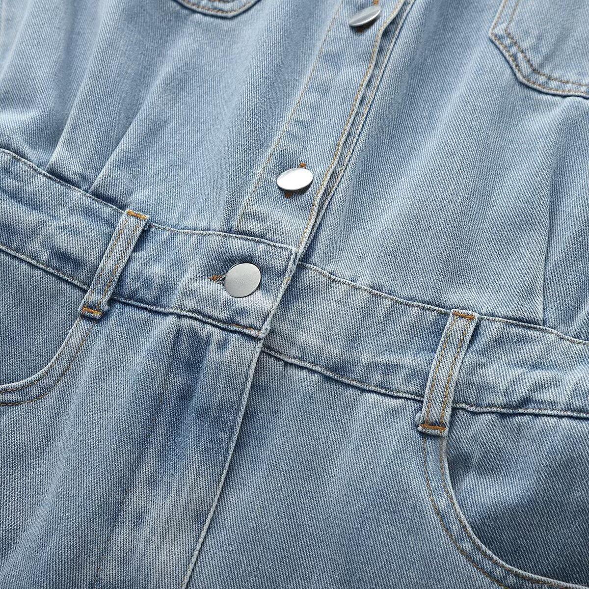 Women's Summer Fashion Casual Denim Romper Loose Lapel Short Sleeve Jumpsuit Solid Color Single Breasted Playsuit With Pockets And Belt For Women Daily Vacation