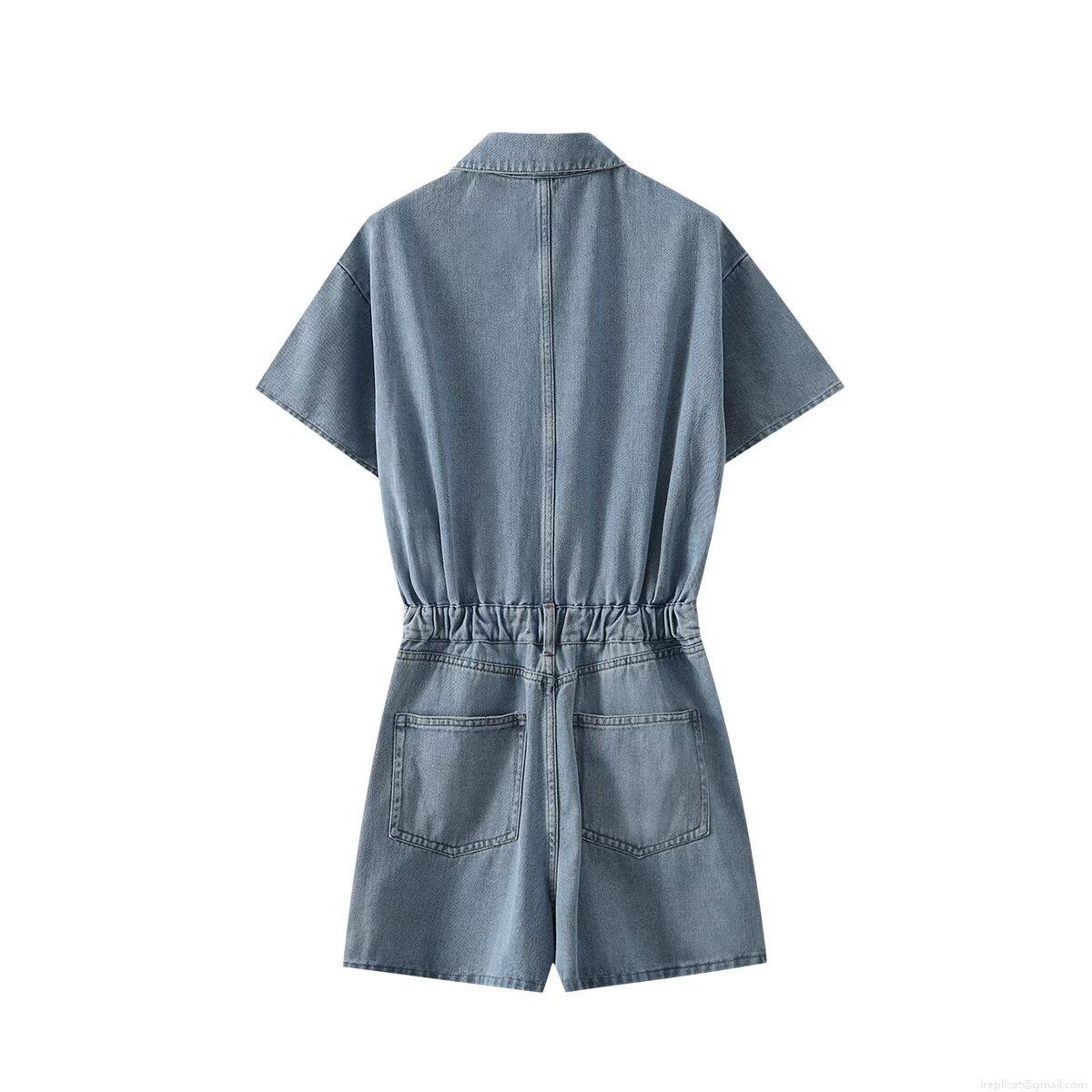 Women's Summer Fashion Casual Denim Romper Loose Lapel Short Sleeve Jumpsuit Solid Color Single Breasted Playsuit With Pockets And Belt For Women Daily Vacation